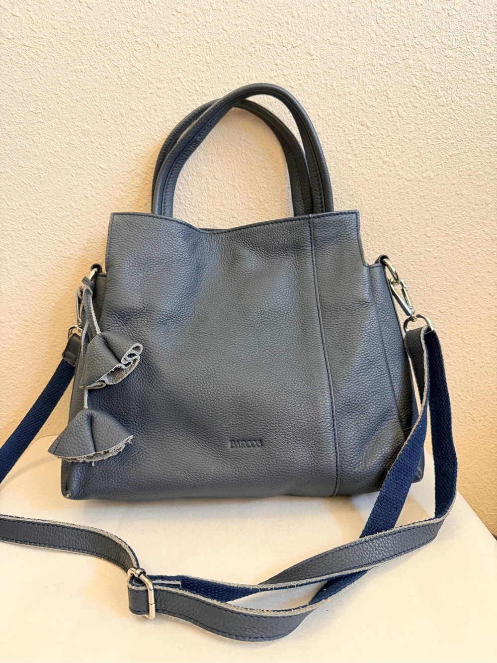 BARCOS Blue Pebbled Satchel Top Handle Bag Zip Magnetic Closure Strap Pockets